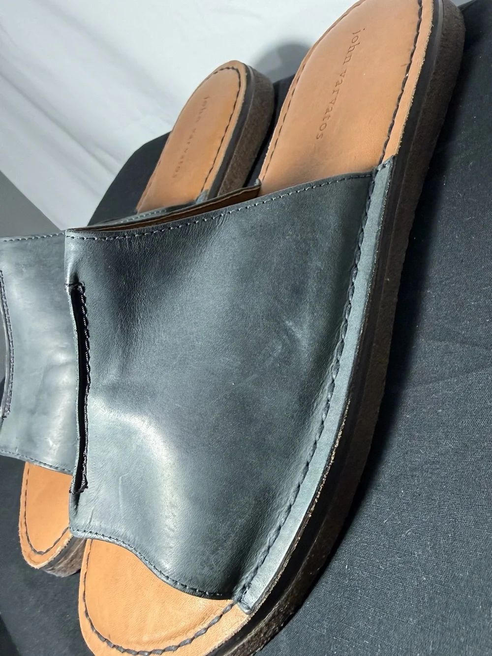 John Varvatos Black Leather Slide Sandals with Tan Footbed